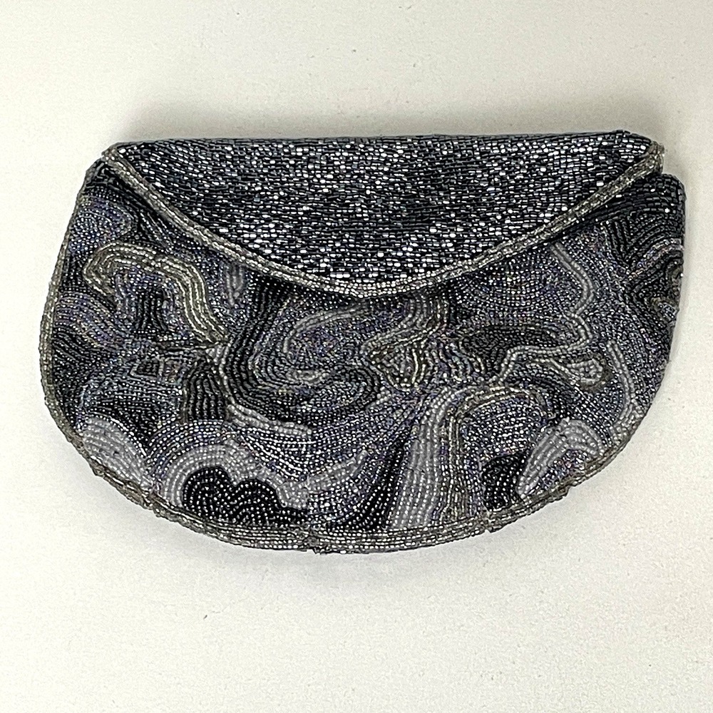 Vintage BEADED Evening SHOULDER BAG CLUTCH Black Gray Iridescent Silver Chain